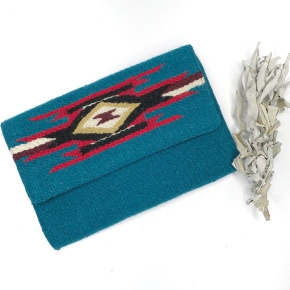 Turquoise Chimayo Style Wool Clutch Purse - Picture 4 of 13